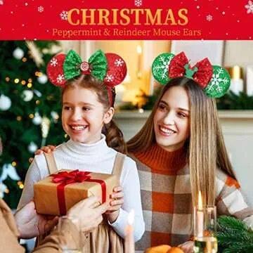 ETLUK Christmas Mouse Ears Bow Headband, 2 PCS Sparkle Christmas Mouse Ears for Women Kids, Christmas Headbands for Parties Decorations (Peppermint & Reindeer)