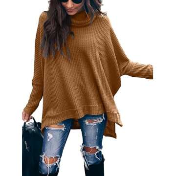 Caracilia Women's Oversized Tunic Sweater Turtleneck Batwing Long Sleeve Waffle Knit Split Hem Pullover Tops 2024 Outfits Caramel Medium