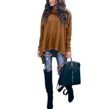 Caracilia Women's Oversized Tunic Sweater Turtleneck Batwing Long Sleeve Waffle Knit Split Hem Pullover Tops 2024 Outfits Caramel Medium