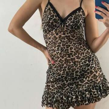 OCUH Y2K Leopard Printed Mini Dress Skinny Spaghetti Strap Sexy Dress Halter Dresses for Women