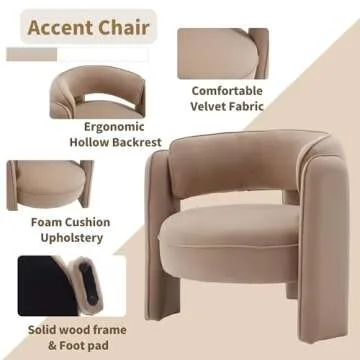 HNY Mid Century Modern Velvet Barrel Accent Chairs Set of 2 Clearance, Comfy Round Upholstered Armchairs with Open Back, Side Club Lounge Arm Chairs for Living Room, Bedroom, Small Spaces, Khaki