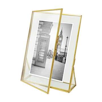 Isaac Jacobs 5x7, Antique Gold, Vintage Style Brass and Glass, Floating Photo Frame, Metal, (Vertical), with Locket Closure and Angled Base, for Pictures, Art, Mementos, Keepsakes (5x7, Antique Gold)