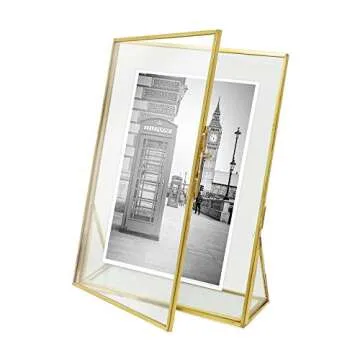 Isaac Jacobs 5x7, Antique Gold, Vintage Style Brass and Glass, Floating Photo Frame, Metal, (Vertical), with Locket Closure and Angled Base, for Pictures, Art, Mementos, Keepsakes (5x7, Antique Gold)