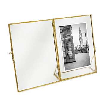 Isaac Jacobs 5x7, Antique Gold, Vintage Style Brass and Glass, Floating Photo Frame, Metal, (Vertical), with Locket Closure and Angled Base, for Pictures, Art, Mementos, Keepsakes (5x7, Antique Gold)