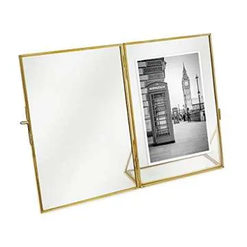 Isaac Jacobs 5x7, Antique Gold, Vintage Style Brass and Glass, Floating Photo Frame, Metal, (Vertical), with Locket Closure and Angled Base, for Pictures, Art, Mementos, Keepsakes (5x7, Antique Gold)