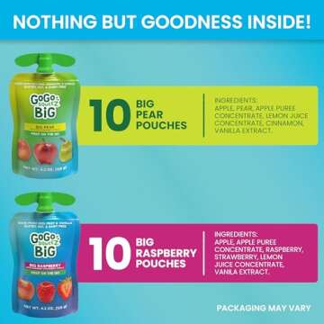 GoGo squeeZ BIG Applesauce & Fruit Puree with Vanilla and Cinnamon Variety Pack, Pear & Raspberry, 4.2 oz. (Pack of 20), Unsweetened Fruit Snacks for Kids, Gluten Free, Nut Free, Dairy Free Pouches