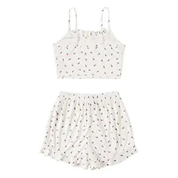 SweatyRocks Women's Summer Cute Printed Cami Top and Shorts Pajamas Set Sleepwear White Flower L