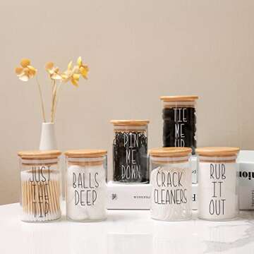 MOMEEMO Apothecary Jars with Lids for Bathroom Organization, Cotton Round Holder, and Floss Pick Storage are Great for Bathroom Decorations, and Bathroom Accessories. (Cotton Pads & Floss)