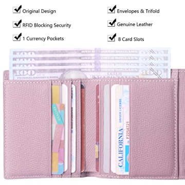Borgasets Small Wallet for Women Genuine Leather RFID Blocking Card Holder Organizer Pocket Compact Bifold Ladies Mini Purse (Crosshatch Light Pink)