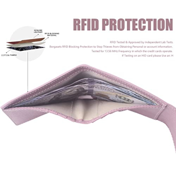Borgasets Small Wallet for Women Genuine Leather RFID Blocking Card Holder Organizer Pocket Compact Bifold Ladies Mini Purse (Crosshatch Light Pink)