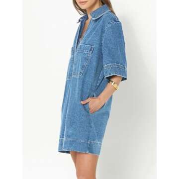 Stylish Fisoew Women’s Denim Shirt Dress - V Neck, Casual Summer Wear