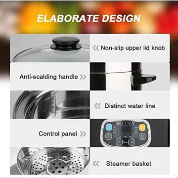 Secura Electric Food Steamer, Vegetable Double Tiered Stackable Baskets with Timer 1200W Fast Heating Stainless Steel Digital Steamer 8.5 Quart