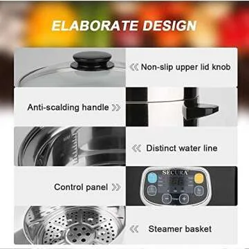 Secura Electric Food Steamer, Vegetable Double Tiered Stackable Baskets with Timer 1200W Fast Heating Stainless Steel Digital Steamer 8.5 Quart