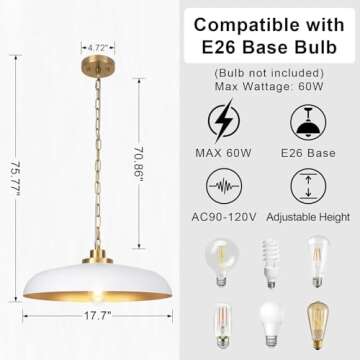 NZZDYI 17.7inch Large White and Gold Pendant Lighting Farmhouse Pendant Light Fixtures for Kitchen Industrial Modern Pendant Lights Dining Room Hallway Bar Office Entrance
