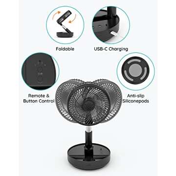 Primevolve Portable Oscillating Standing Fan,Rechargeable Battery Operated USB Floor Table Desk Fan with Remote, Bedroom Camping Travel Fans Black 7.7"