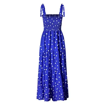 kinstell Women's Summer Boho Spaghetti Strap Square Neck Ruffle Casual Flowy Long Dress Beach Swing Party Maxi Dress Royal Blue