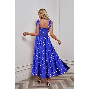 kinstell Women's Summer Boho Spaghetti Strap Square Neck Ruffle Casual Flowy Long Dress Beach Swing Party Maxi Dress Royal Blue