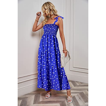 kinstell Women's Summer Boho Spaghetti Strap Square Neck Ruffle Casual Flowy Long Dress Beach Swing Party Maxi Dress Royal Blue