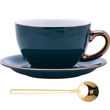 Coffeezone Luxury Gold 10 oz Thick Ceramic Latte Art Cappuccino Barista Cup with Saucer (Peacock Gre...