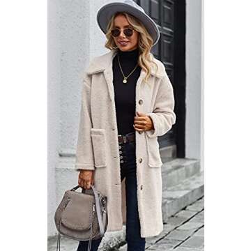 Angashion Women's Fuzzy Fleece Lapel Open Front Long Cardigan Coat Faux Fur Warm Winter Outwear Jackets 2226 Light Beige Small