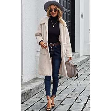 Angashion Women's Fuzzy Fleece Lapel Open Front Long Cardigan Coat Faux Fur Warm Winter Outwear Jackets 2226 Light Beige Small