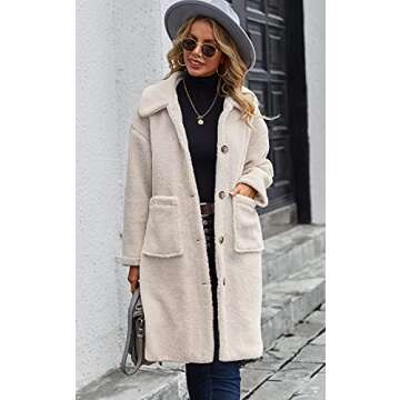 Angashion Women's Fuzzy Fleece Lapel Open Front Long Cardigan Coat Faux Fur Warm Winter Outwear Jackets 2226 Light Beige Small