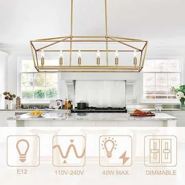 WINSHEN 6-Light Kitchen Island Lighting, Gold Linear Chandelier Dining Room Over Table, Rectangle Pendant Light Fixtures Golden Finish for Living Room