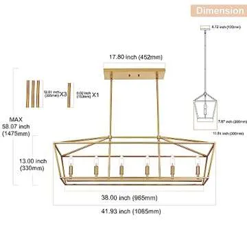 WINSHEN 6-Light Kitchen Island Lighting, Gold Linear Chandelier Dining Room Over Table, Rectangle Pendant Light Fixtures Golden Finish for Living Room