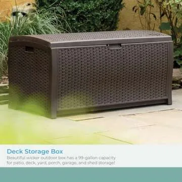 Suncast DBW9200 99 Gallon Outdoor Wicker Plastic Patio Storage Chest Bin with Handles for Patio, Garden, Garage, or Pool for All Weather, Mocha