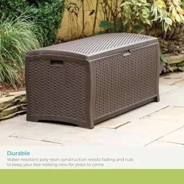 Suncast DBW9200 99 Gallon Outdoor Wicker Plastic Patio Storage Chest Bin with Handles for Patio, Garden, Garage, or Pool for All Weather, Mocha
