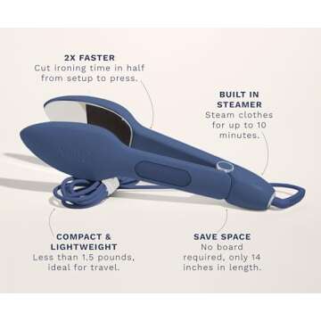 Nori Press Travel Steam Iron - Handheld Iron With Optional Steam Feature - No Ironing Board Required - Easy to Use w/ 6 Fabric Settings - Removes Wrinkles - Navy