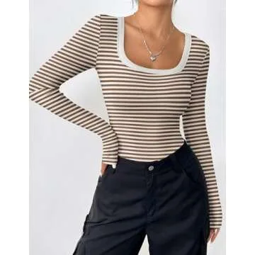 Zeagoo Striped Shirts for Women Long Sleeve Square Neck T Shirt Slim Fit Rib Knit Basic Tee Business Work Top