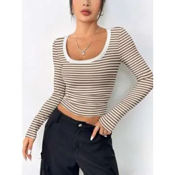 Zeagoo Striped Shirts for Women Long Sleeve Square Neck T Shirt Slim Fit Rib Knit Basic Tee Business Work Top