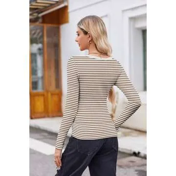 Zeagoo Striped Shirts for Women Long Sleeve Square Neck T Shirt Slim Fit Rib Knit Basic Tee Business Work Top
