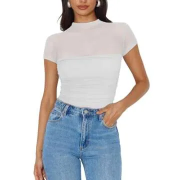 REORIA Sexy Bodysuits for Women Classic Mock Turtle Neck Short Sleeve Slim Fit Shirts Sheer Mesh Ruched Trendy Going Out Tops Cute Office Bodysuits Valentines Day Shirts Women White Large