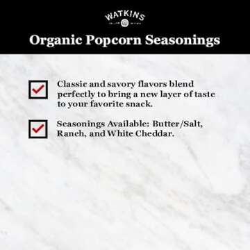 Watkins Popcorn Seasoning Multi-Flavor Variety Pack, 3-Pack (1 White Cheddar 3.3 oz., 1 Butter/Salt 5.3 oz., 1 Ranch 3.6 oz.)
