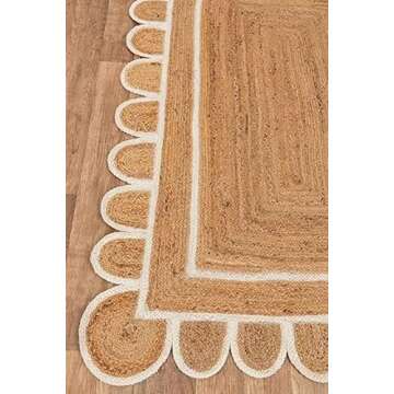 The Weaver House Natural Scalloped Jute Area Rug Bohemian Scallop Boho Decor Area Handwoven Custom Rugs Decorative Rug Reversible Braided Rugs (BD6-2x3-WHT)
