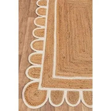 The Weaver House Natural Scalloped Jute Area Rug Bohemian Scallop Boho Decor Area Handwoven Custom Rugs Decorative Rug Reversible Braided Rugs (BD6-2x3-WHT)
