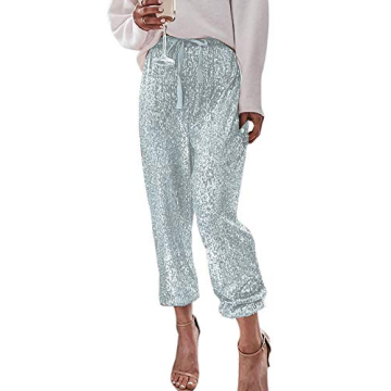 ALLUMK Women Casual Shiny Sequin Joggers High Waisted Ruffle Drawstring Loose Pants Clubwear White M