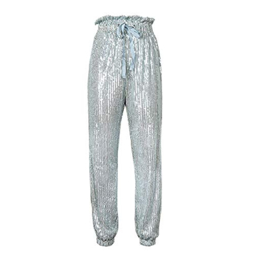ALLUMK Women Casual Shiny Sequin Joggers High Waisted Ruffle Drawstring Loose Pants Clubwear White M