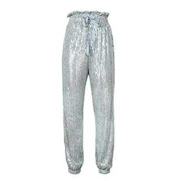 ALLUMK Women Casual Shiny Sequin Joggers High Waisted Ruffle Drawstring Loose Pants Clubwear White M
