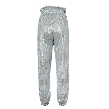 ALLUMK Women Casual Shiny Sequin Joggers High Waisted Ruffle Drawstring Loose Pants Clubwear White M