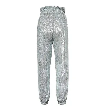 ALLUMK Women Casual Shiny Sequin Joggers High Waisted Ruffle Drawstring Loose Pants Clubwear White M