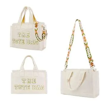 Tote Bag for Women, Upcycled Canvas HandBag, Fringe, Beach Weekender, Shoulder Bag for Overnight (Offwhite)