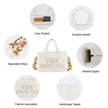 Tote Bag for Women, Upcycled Canvas HandBag, Fringe, Beach Weekender, Shoulder Bag for Overnight (Offwhite)