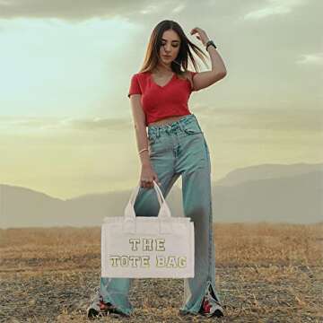 Tote Bag for Women, Upcycled Canvas HandBag, Fringe, Beach Weekender, Shoulder Bag for Overnight (Offwhite)