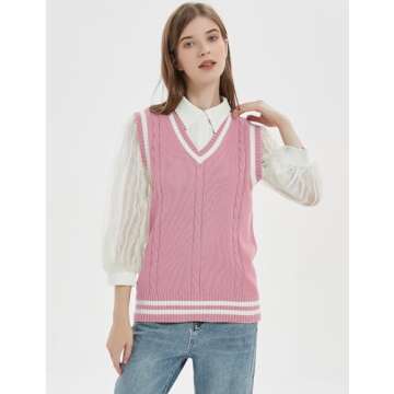 Gihuo Women's V Neck Trendy Sweater Vest Cable Knit Sleeveless Sweater Preppy Style Pullover Sweater...