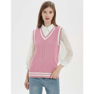 Gihuo Women's V Neck Trendy Sweater Vest Cable Knit Sleeveless Sweater Preppy Style Pullover Sweater Vest (Pink, Medium)