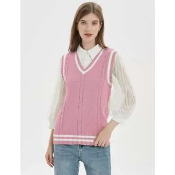Gihuo Women's V Neck Trendy Sweater Vest Cable Knit Sleeveless Sweater Preppy Style Pullover Sweater Vest (Pink, Medium)