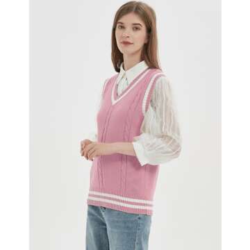 Gihuo Women's V Neck Trendy Sweater Vest Cable Knit Sleeveless Sweater Preppy Style Pullover Sweater Vest (Pink, Medium)